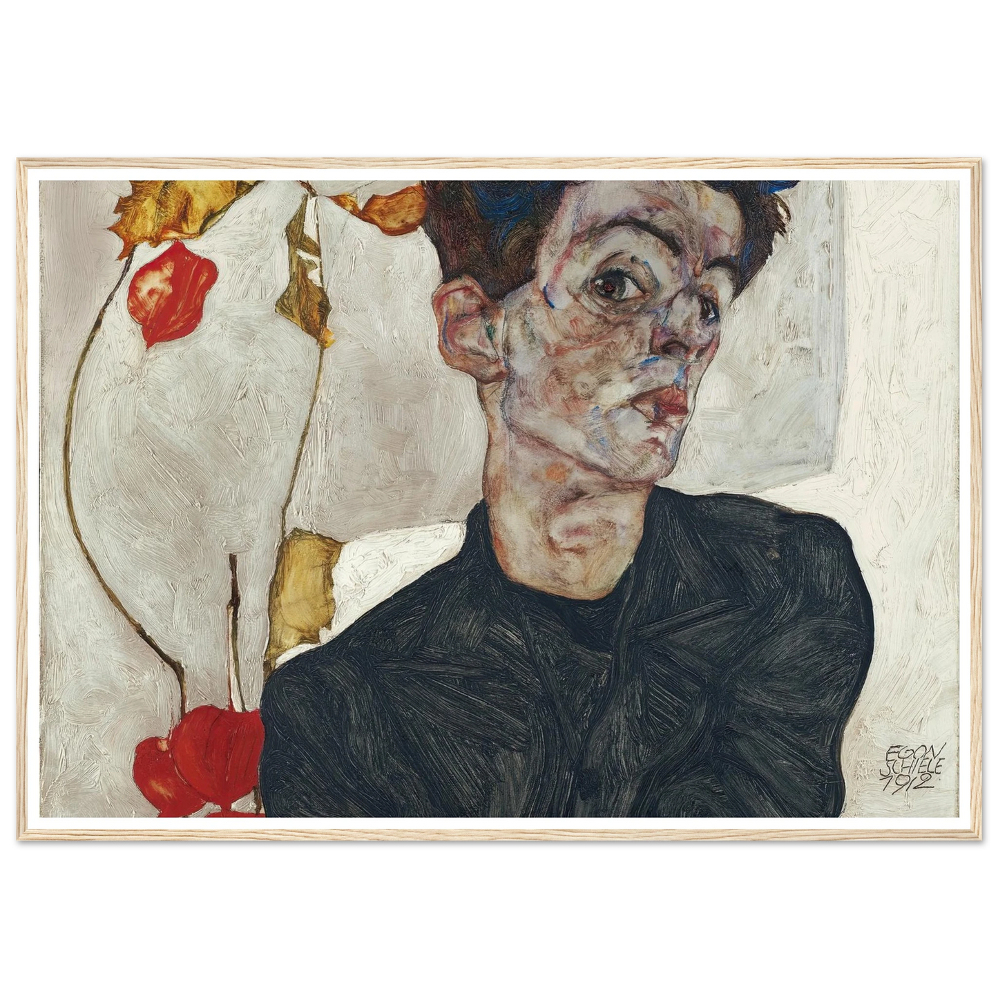 Self-Portrait With Physalis (1912) Art Print | Egon Schiele - Framed Poster - 30x40 cm / 12x16″ - Black frame