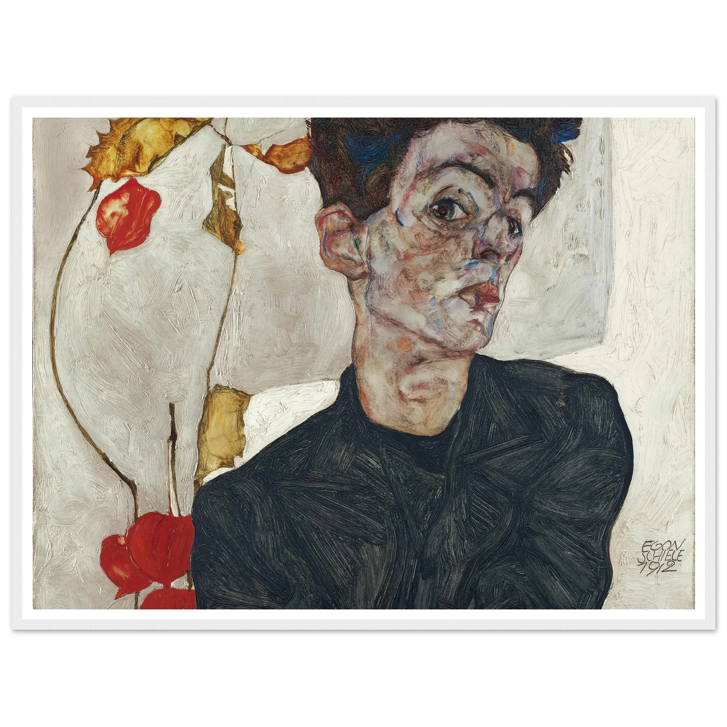 Self-Portrait With Physalis (1912) Art Print | Egon Schiele - Framed Poster - 30x40 cm / 12x16″ - Black frame