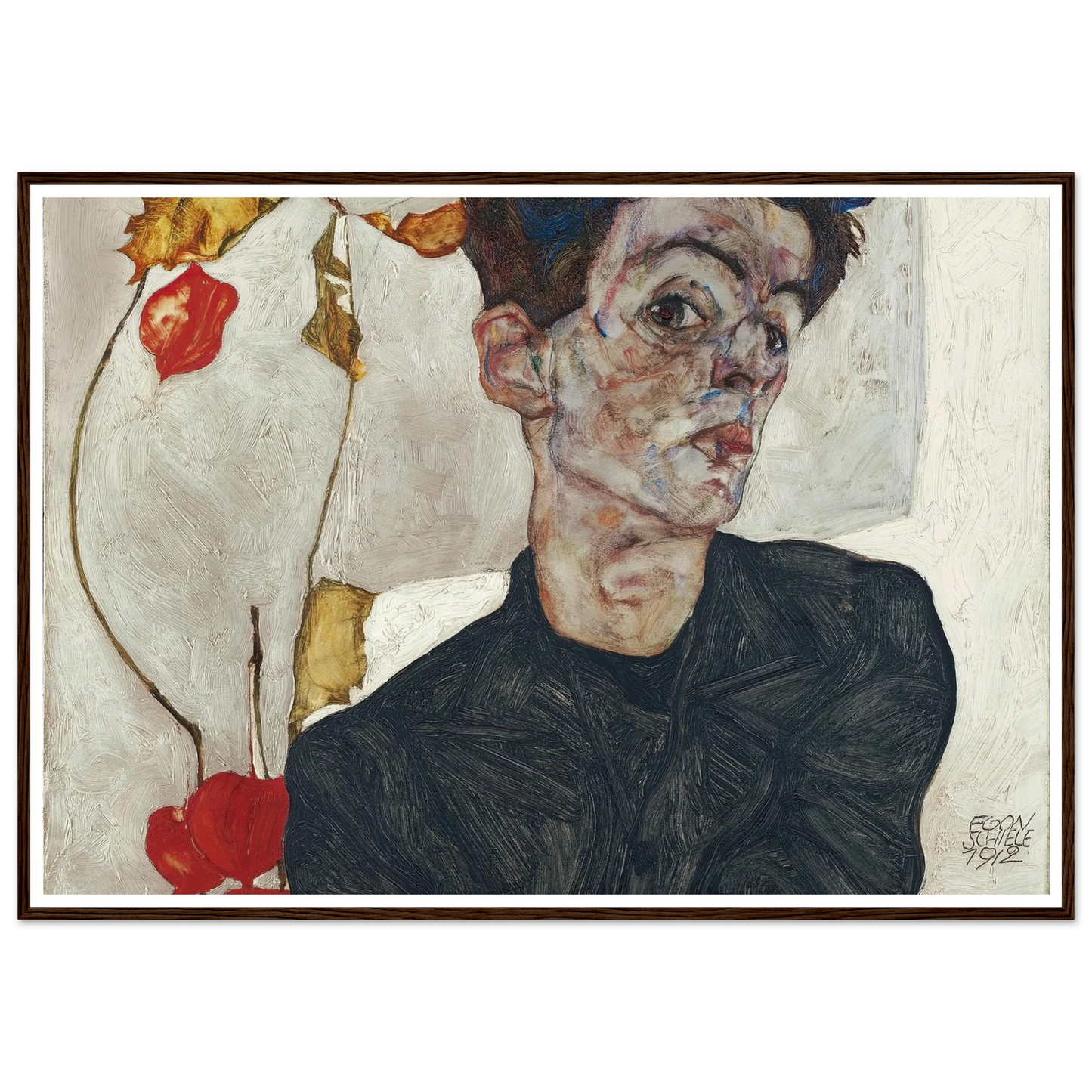 Self-Portrait With Physalis (1912) Art Print | Egon Schiele - Framed Poster - 30x40 cm / 12x16″ - Black frame