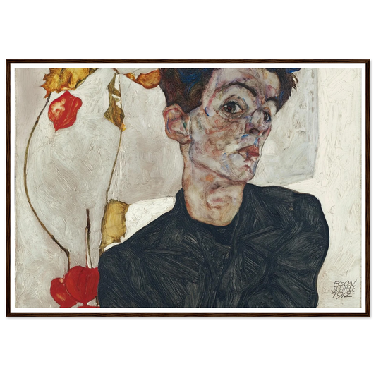Self-Portrait With Physalis (1912) Art Print | Egon Schiele - Framed Poster - 30x40 cm / 12x16″ - Black frame