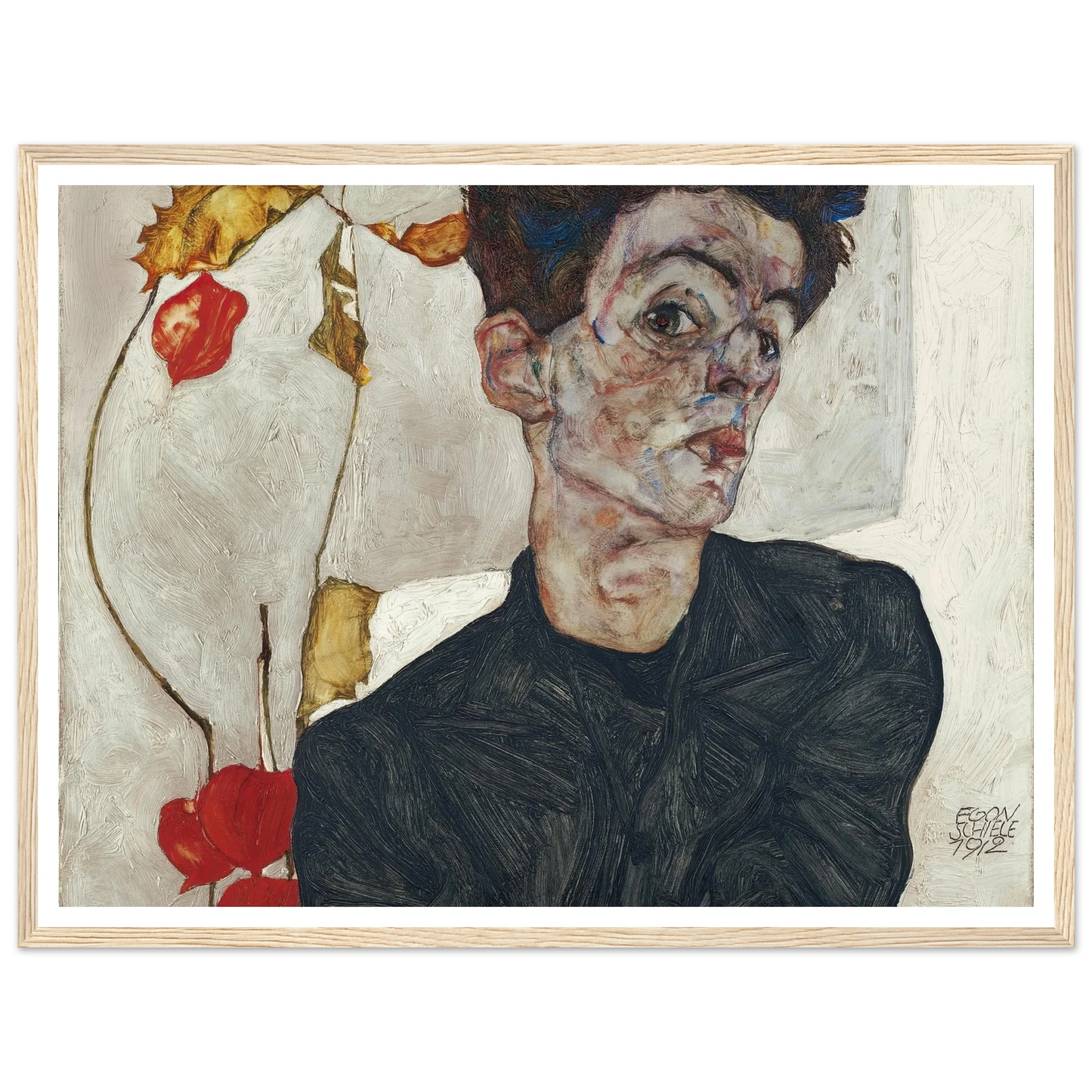 Self-Portrait With Physalis (1912) Art Print | Egon Schiele - Framed Poster - 30x40 cm / 12x16″ - Black frame