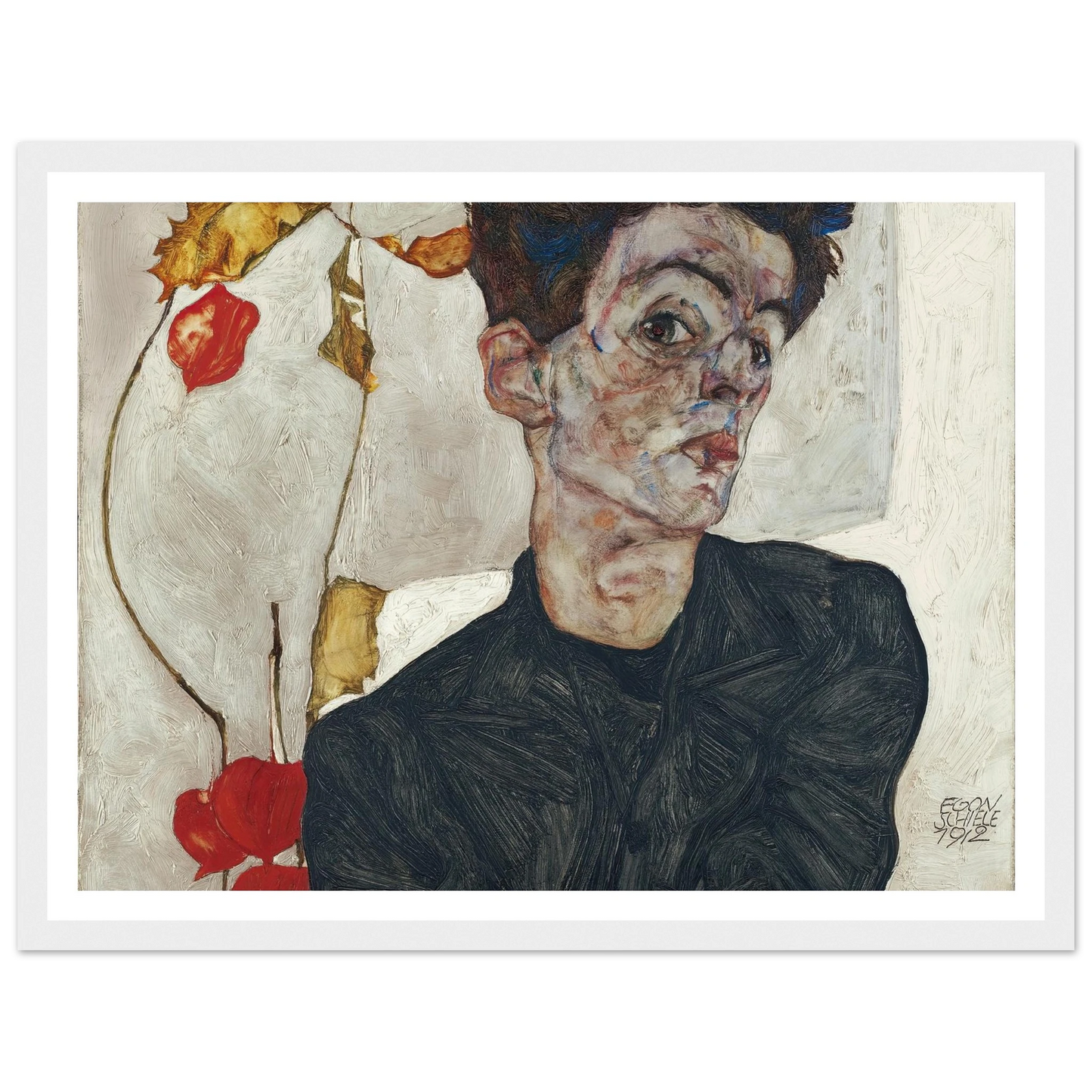 Self-Portrait With Physalis (1912) Art Print | Egon Schiele - Framed Poster - 30x40 cm / 12x16″ - Black frame