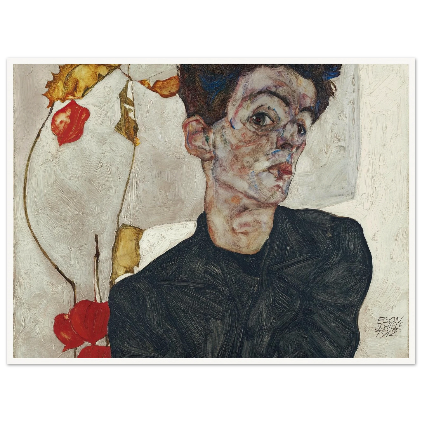 Self-Portrait With Physalis (1912) Art Print | Egon Schiele - Framed Poster - 30x40 cm / 12x16″ - Black frame
