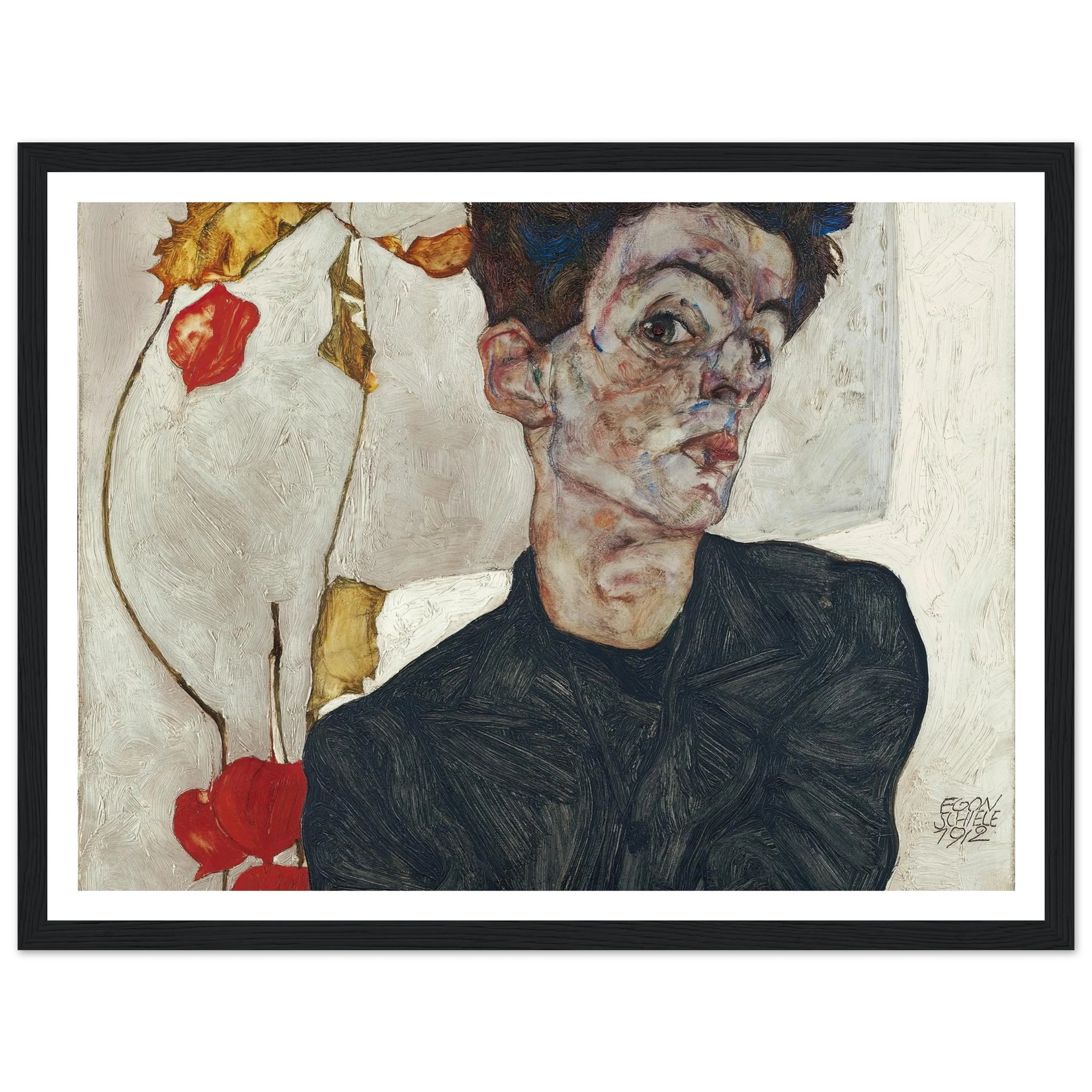 Self-Portrait With Physalis (1912) Art Print | Egon Schiele - Framed Poster - 30x40 cm / 12x16″ - Black frame