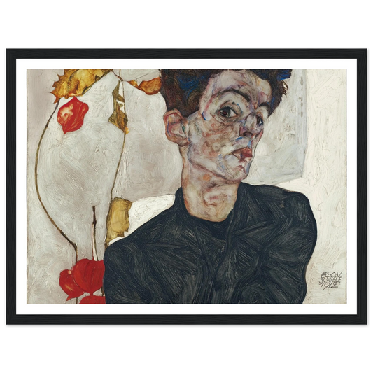 Self-Portrait With Physalis (1912) Art Print | Egon Schiele - Framed Poster - 30x40 cm / 12x16″ - Black frame