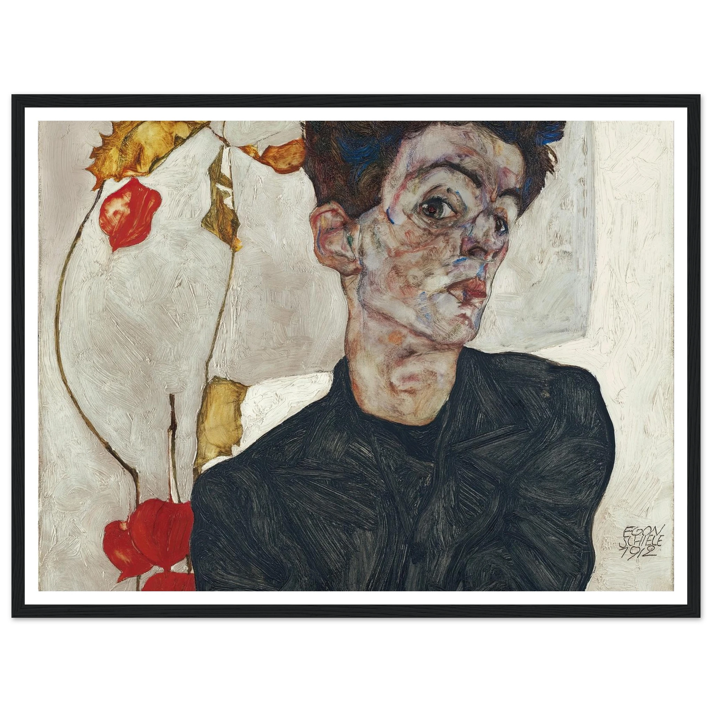 Self-Portrait With Physalis (1912) Art Print | Egon Schiele - Framed Poster - 30x40 cm / 12x16″ - Black frame