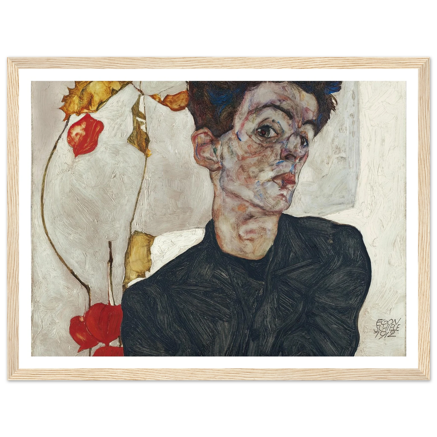 Self-Portrait With Physalis (1912) Art Print | Egon Schiele - Framed Poster - 30x40 cm / 12x16″ - Black frame