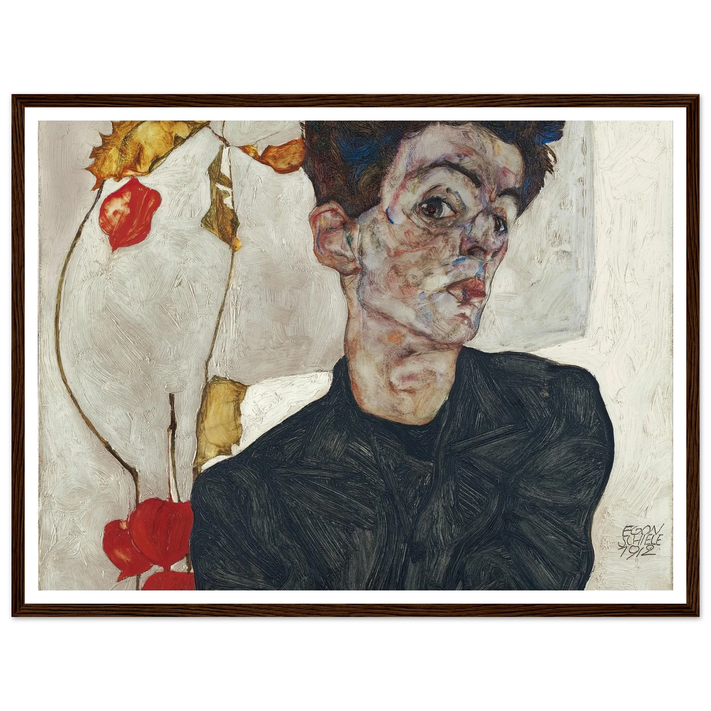 Self-Portrait With Physalis (1912) Art Print | Egon Schiele - Framed Poster - 30x40 cm / 12x16″ - Black frame