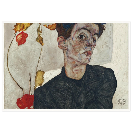 Self-Portrait With Physalis (1912) Art Print | Egon Schiele - Framed Poster - 30x40 cm / 12x16″ - Black frame