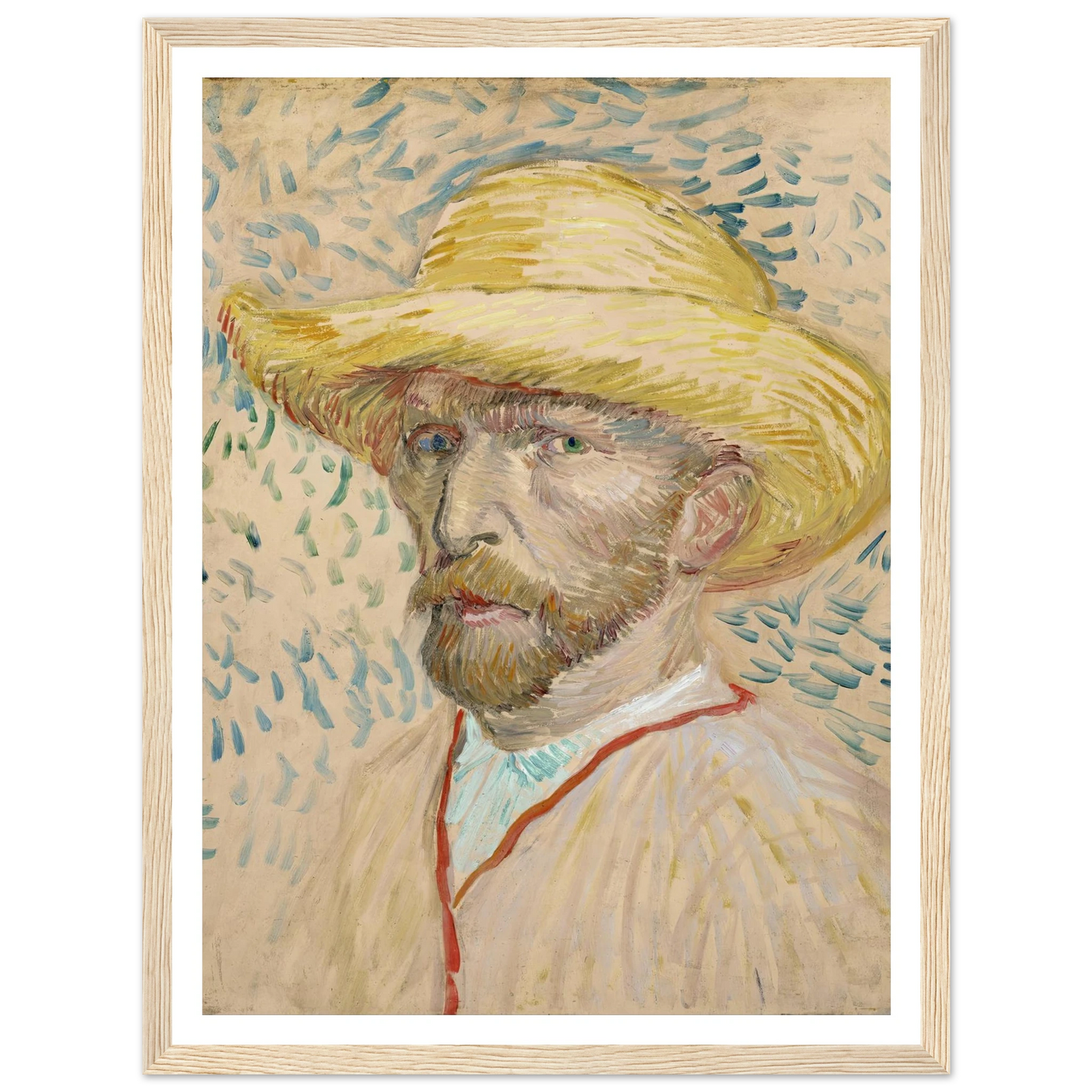 Self-portrait with straw hat (1887) Art Print | Vincent van Gogh - Framed Poster - 30x40 cm / 12x16″ - Black frame