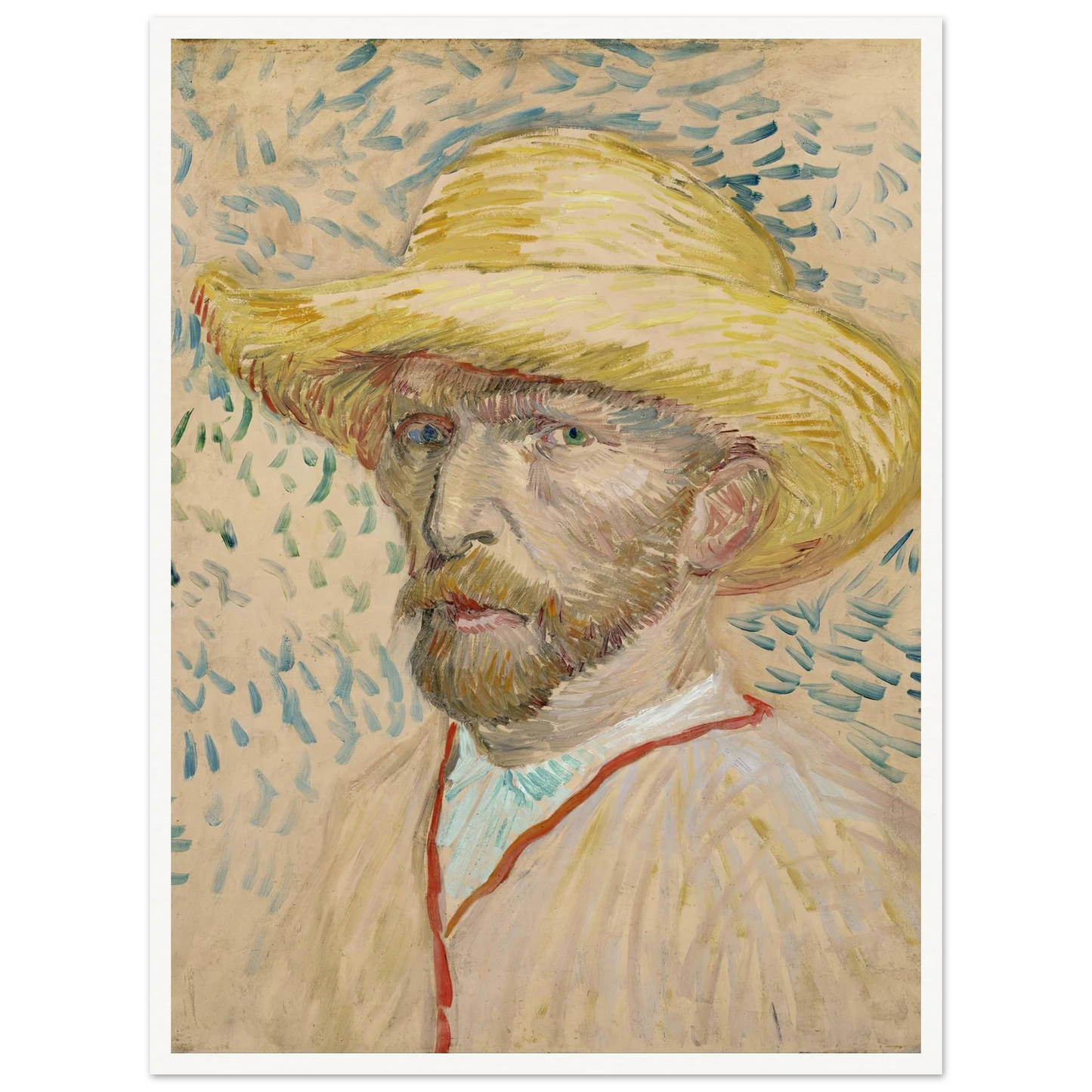 Self-portrait with straw hat (1887) Art Print | Vincent van Gogh - Framed Poster - 30x40 cm / 12x16″ - Black frame