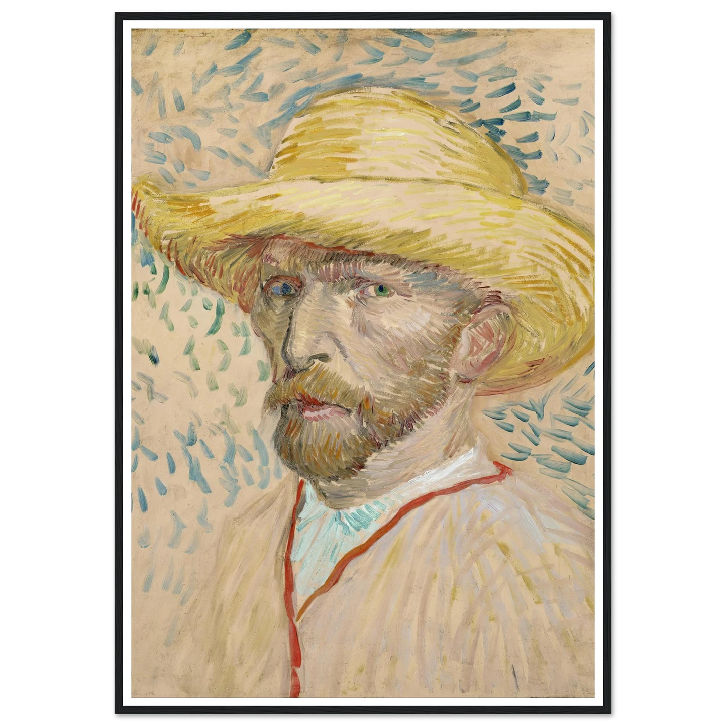 Self-portrait with straw hat (1887) Art Print | Vincent van Gogh - Framed Poster - 30x40 cm / 12x16″ - Black frame