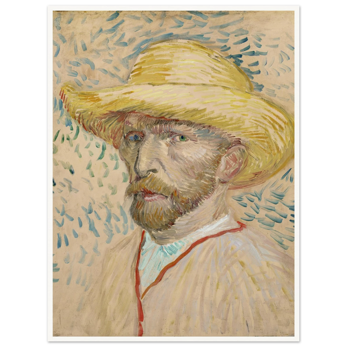 Self-portrait with straw hat (1887) Art Print | Vincent van Gogh - Framed Poster - 30x40 cm / 12x16″ - Black frame