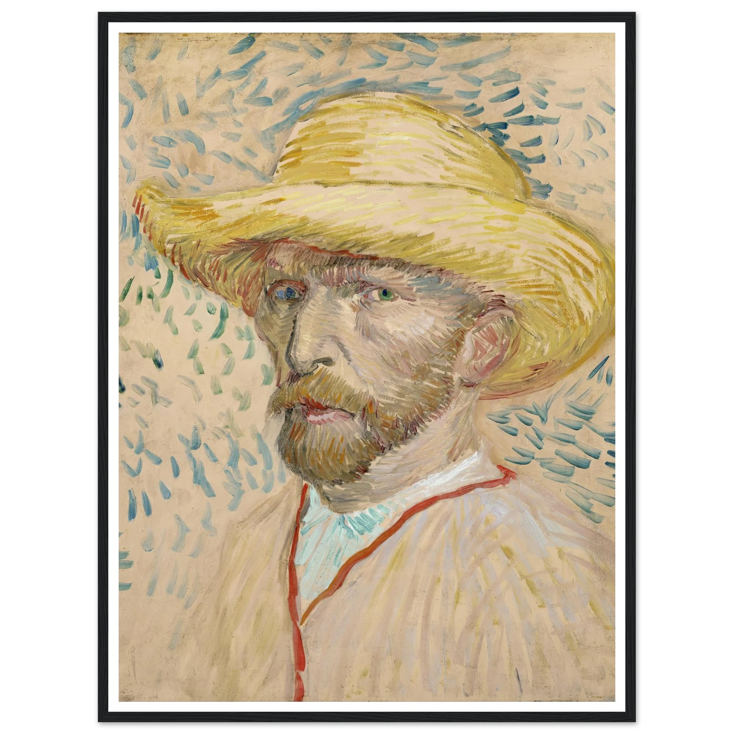 Self-portrait with straw hat (1887) Art Print | Vincent van Gogh - Framed Poster - 30x40 cm / 12x16″ - Black frame