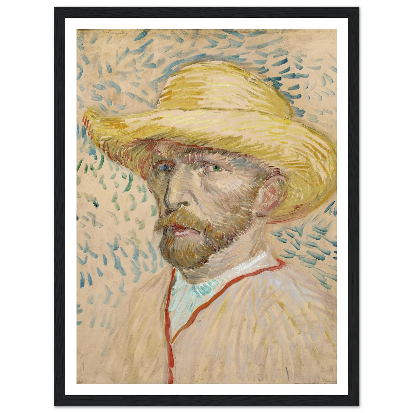 Self-portrait with straw hat (1887) Art Print | Vincent van Gogh - Framed Poster - 30x40 cm / 12x16″ - Black frame