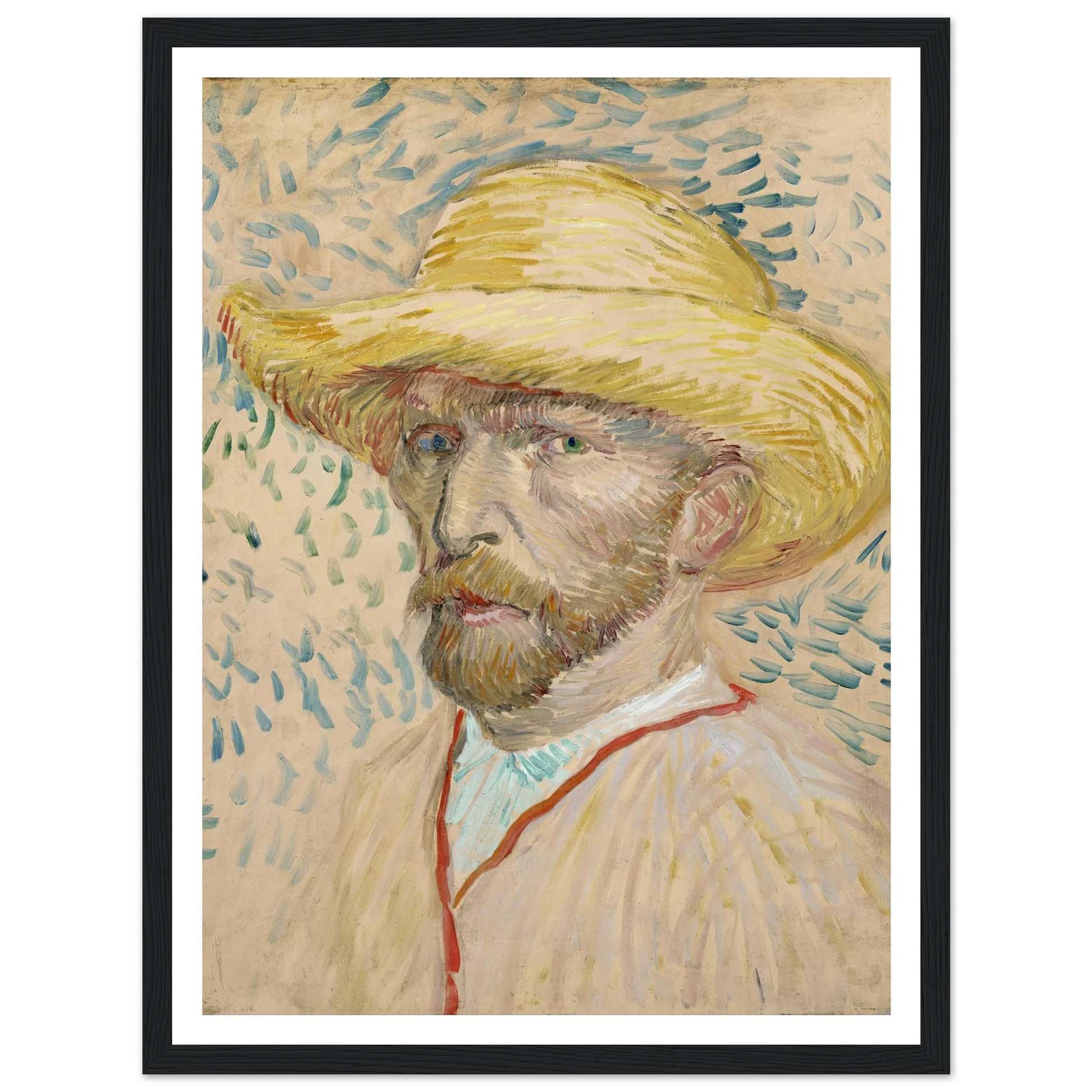 Self-portrait with straw hat (1887) Art Print | Vincent van Gogh - Framed Poster - 30x40 cm / 12x16″ - Black frame