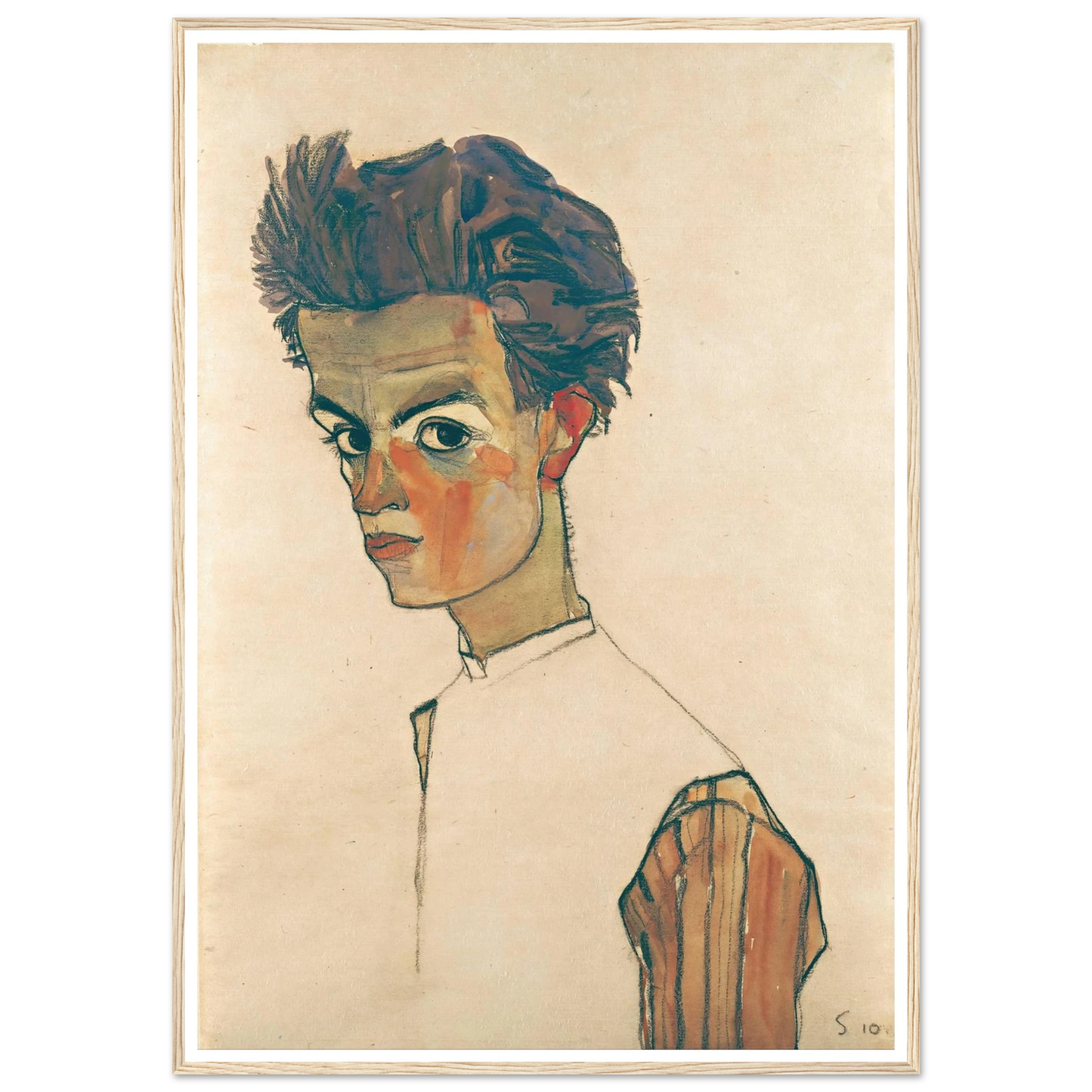 Self-Portrait with Striped Shirt (1910) Art Print | Egon Schiele - Framed Poster - 30x40 cm / 12x16″ - Black frame