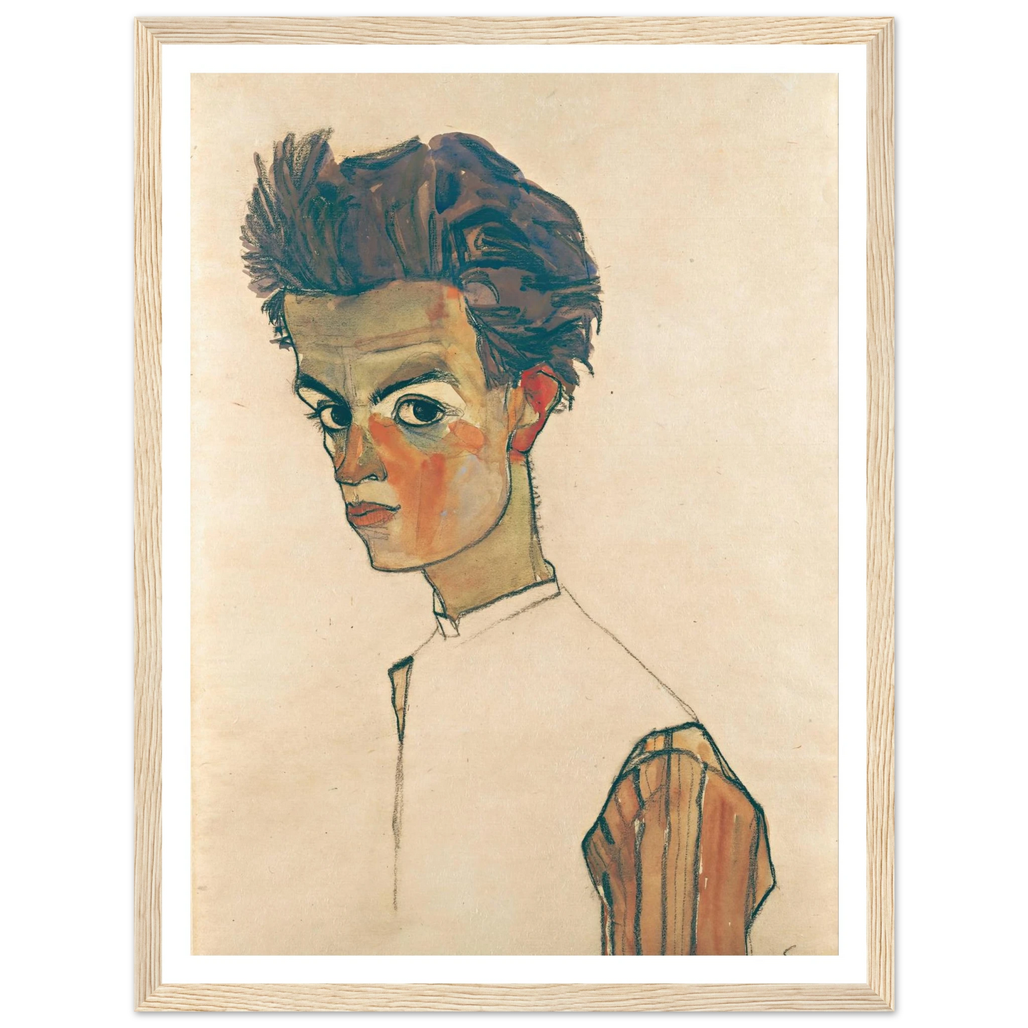 Self-Portrait with Striped Shirt (1910) Art Print | Egon Schiele - Framed Poster - 30x40 cm / 12x16″ - Black frame