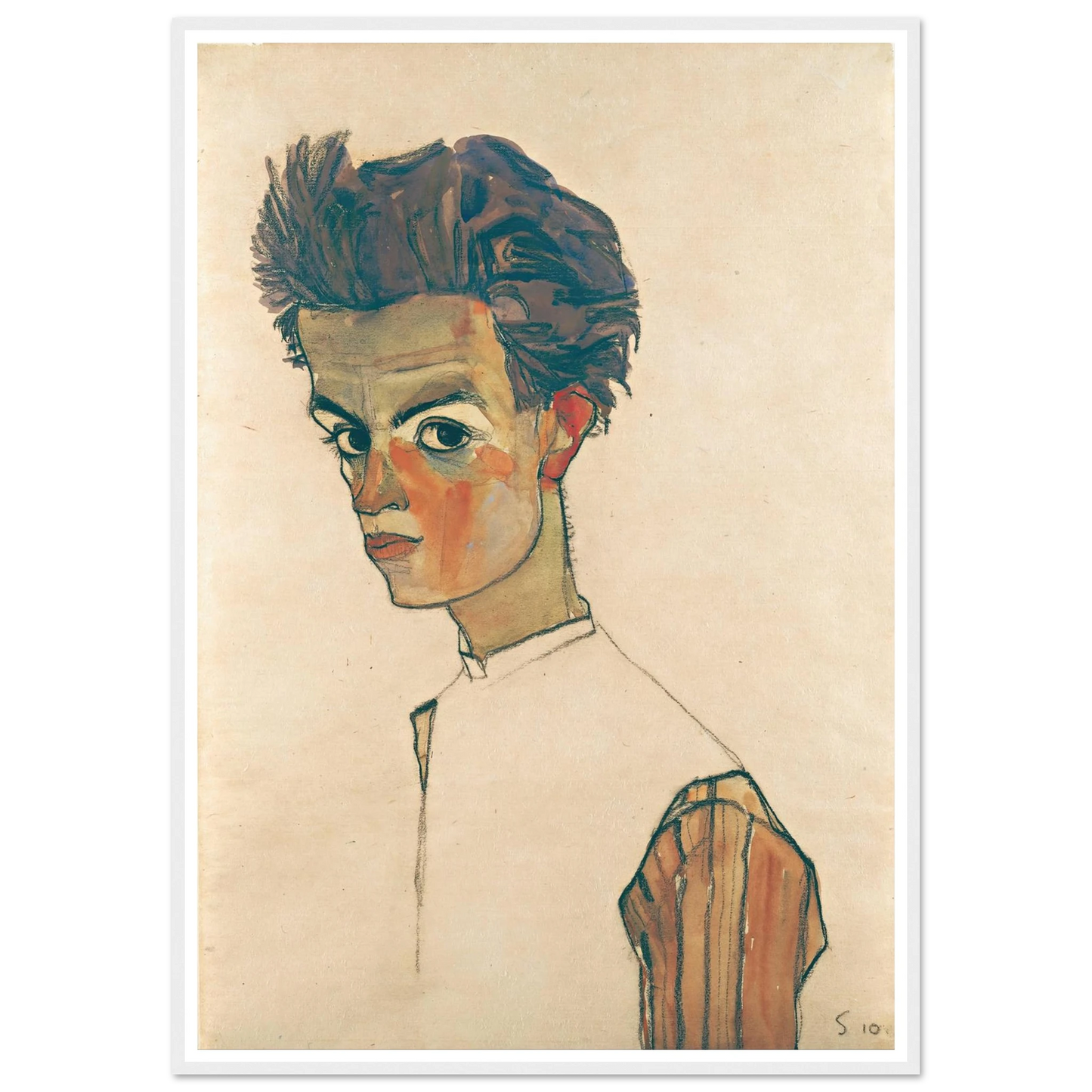 Self-Portrait with Striped Shirt (1910) Art Print | Egon Schiele - Framed Poster - 30x40 cm / 12x16″ - Black frame