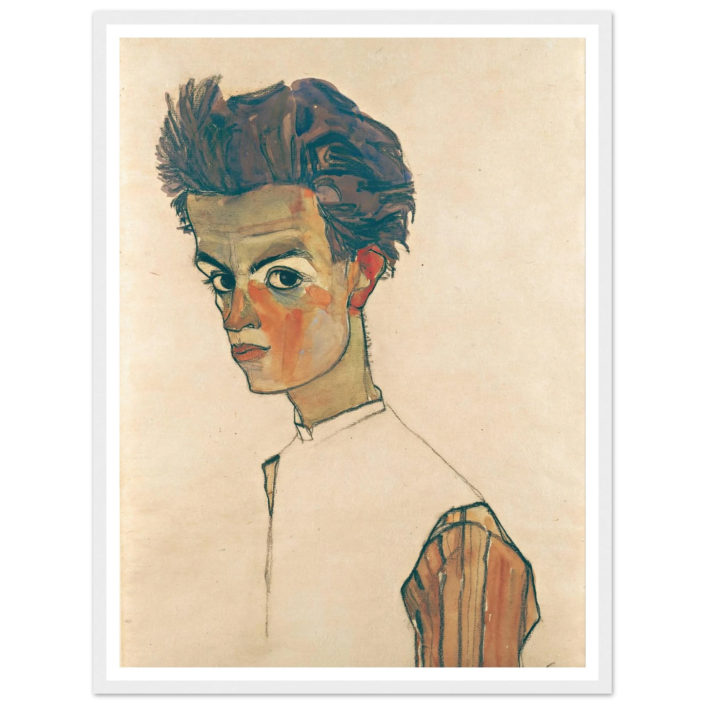 Self-Portrait with Striped Shirt (1910) Art Print | Egon Schiele - Framed Poster - 30x40 cm / 12x16″ - Black frame