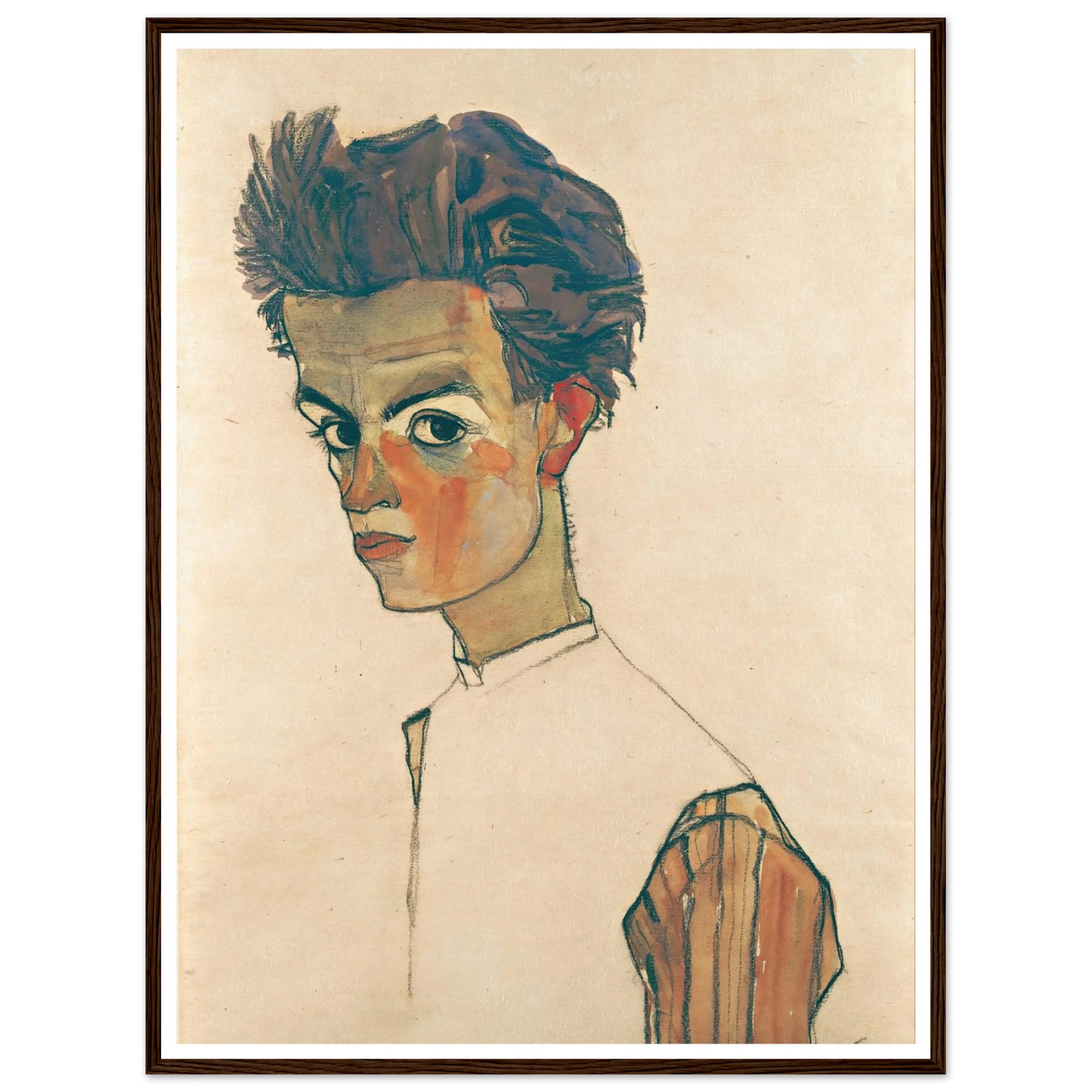 Self-Portrait with Striped Shirt (1910) Art Print | Egon Schiele - Framed Poster - 30x40 cm / 12x16″ - Black frame