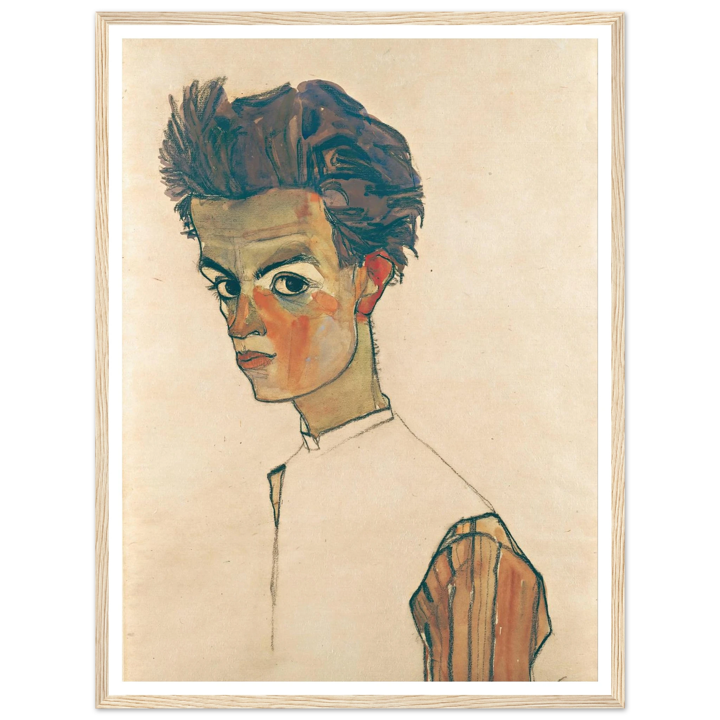 Self-Portrait with Striped Shirt (1910) Art Print | Egon Schiele - Framed Poster - 30x40 cm / 12x16″ - Black frame