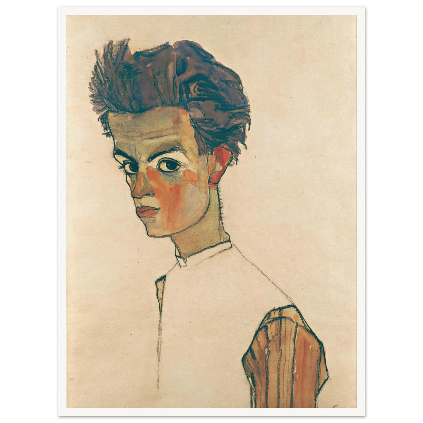 Self-Portrait with Striped Shirt (1910) Art Print | Egon Schiele - Framed Poster - 30x40 cm / 12x16″ - Black frame