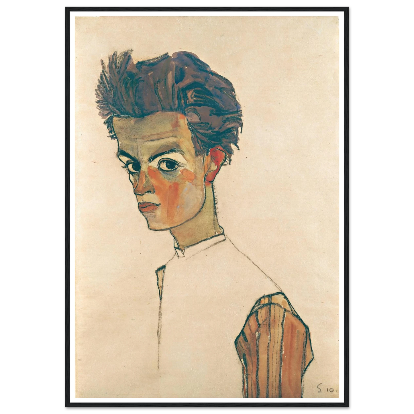 Self-Portrait with Striped Shirt (1910) Art Print | Egon Schiele - Framed Poster - 30x40 cm / 12x16″ - Black frame