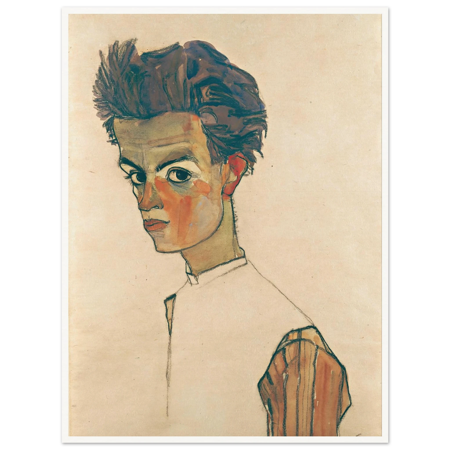 Self-Portrait with Striped Shirt (1910) Art Print | Egon Schiele - Framed Poster - 30x40 cm / 12x16″ - Black frame