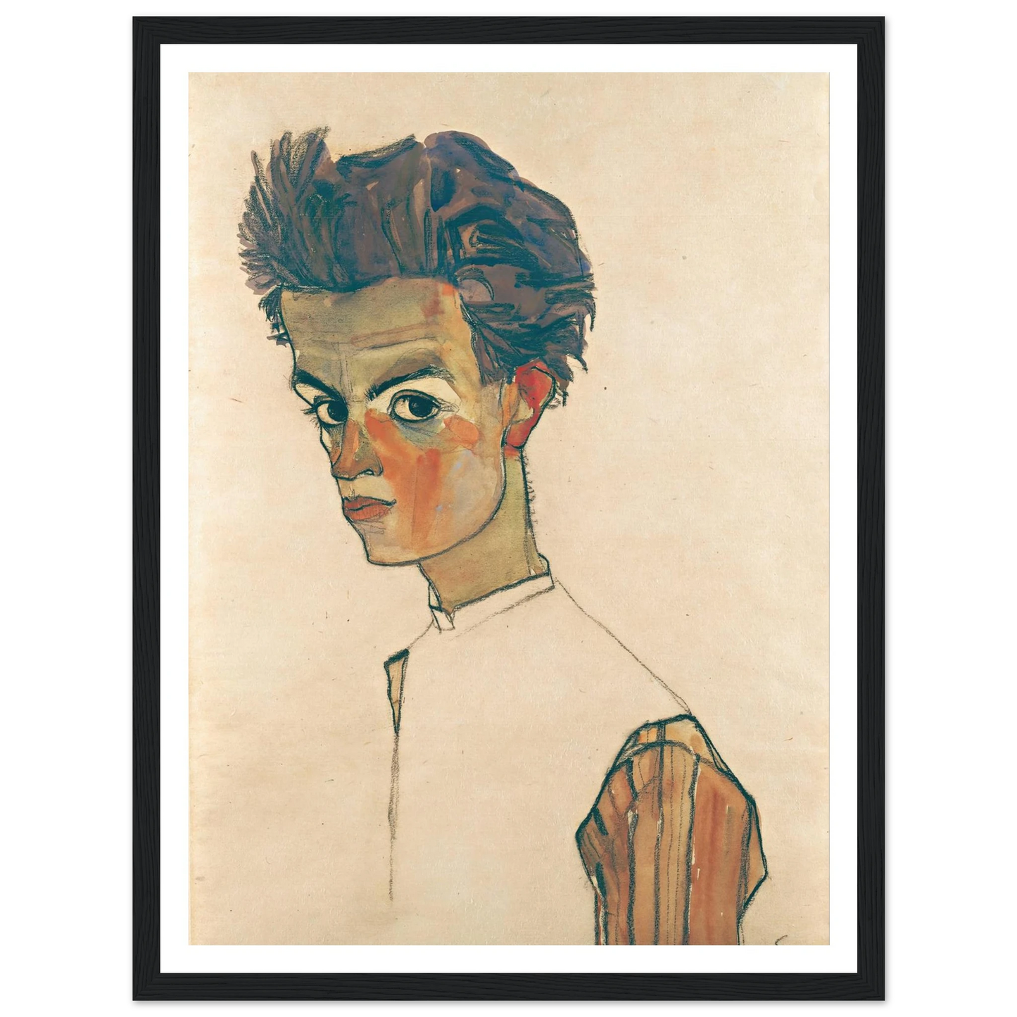 Self-Portrait with Striped Shirt (1910) Art Print | Egon Schiele - Framed Poster - 30x40 cm / 12x16″ - Black frame