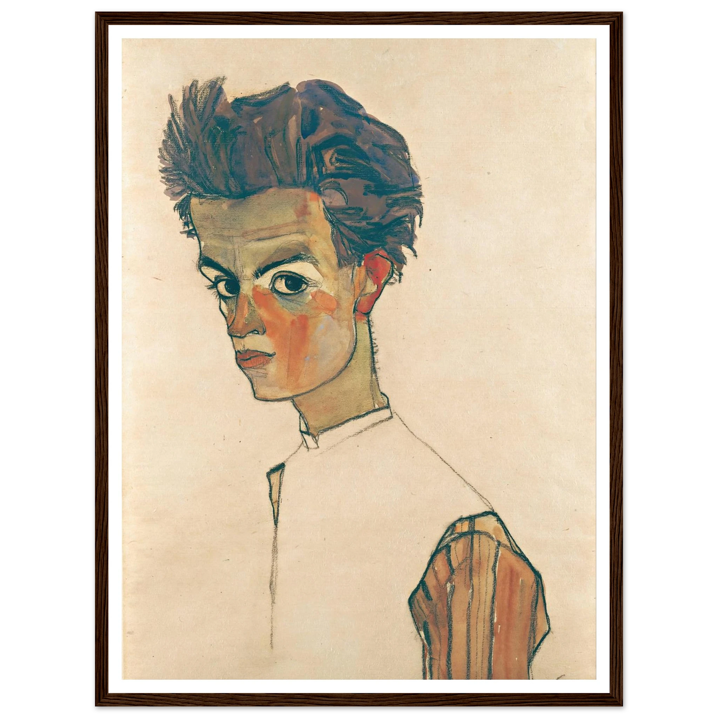 Self-Portrait with Striped Shirt (1910) Art Print | Egon Schiele - Framed Poster - 30x40 cm / 12x16″ - Black frame
