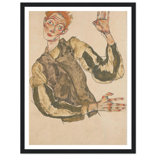 Self-Portrait with Striped Sleeves (1915) Art Print | Egon Schiele - Framed Poster - 30x40 cm / 12x16″ - Black frame