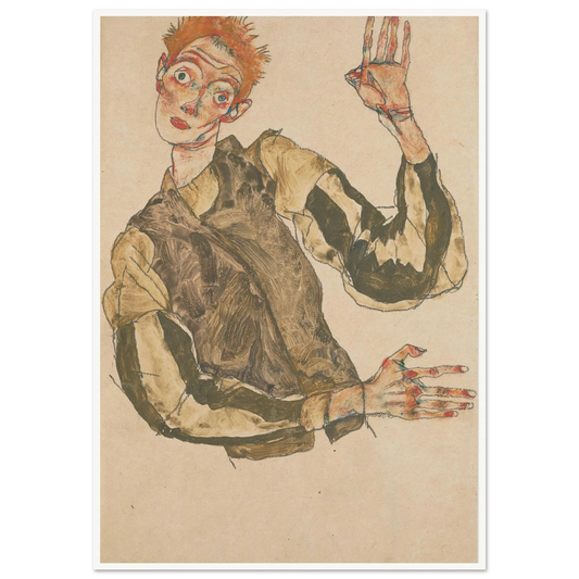 Self-Portrait with Striped Sleeves (1915) Art Print | Egon Schiele - Framed Poster - 30x40 cm / 12x16″ - Black frame