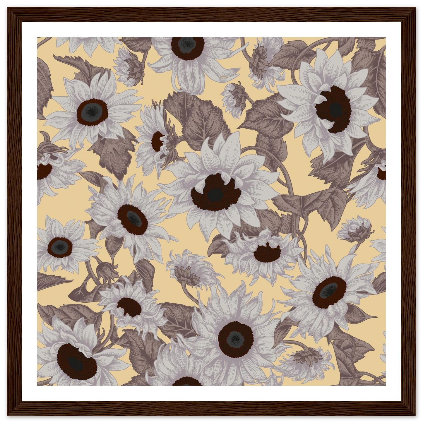 Sepia Sunflower Field Art Print | William Morris Inspired - Framed Poster - 30x30 cm / 12x12″ - Black frame