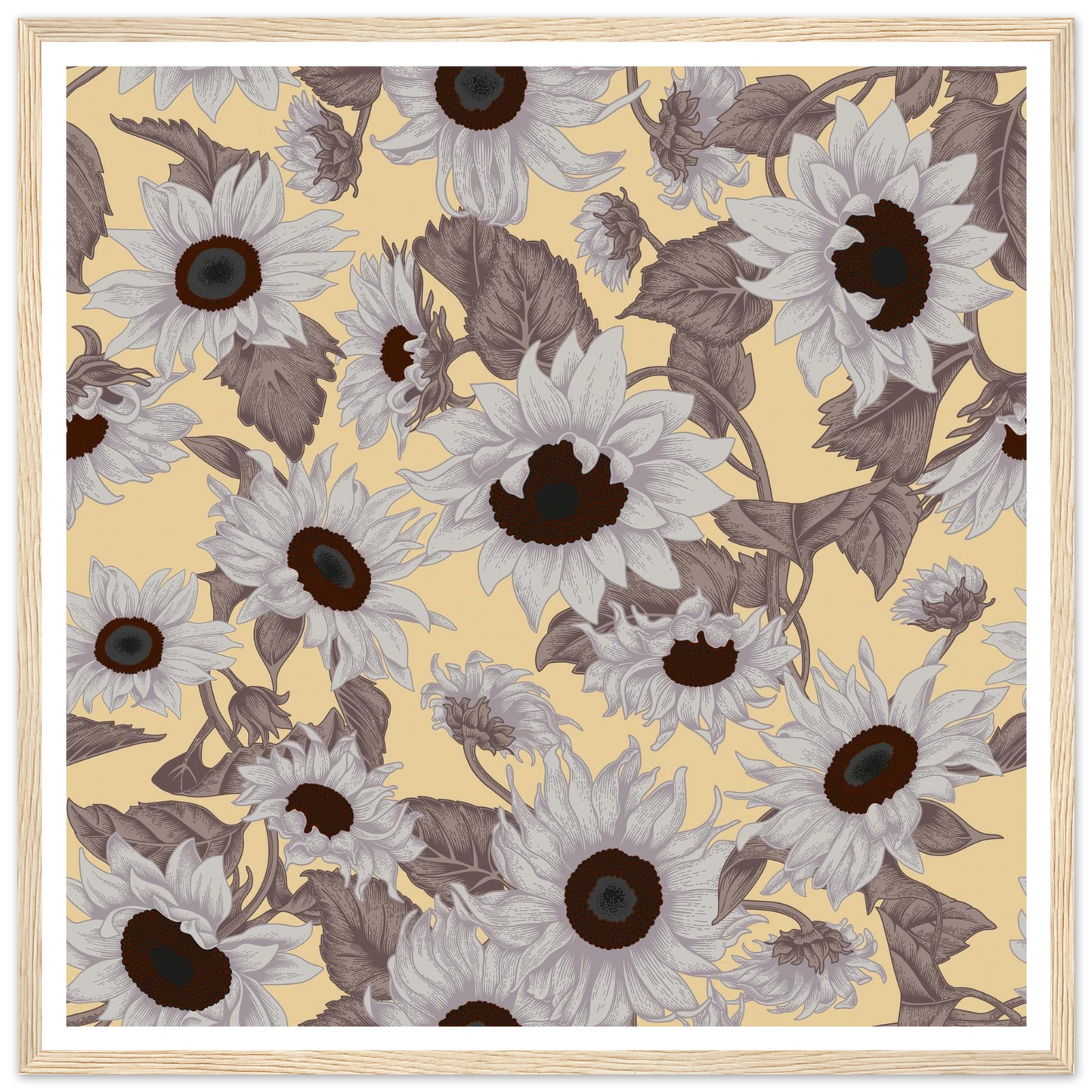 Sepia Sunflower Field Art Print | William Morris Inspired - Framed Poster - 30x30 cm / 12x12″ - Black frame