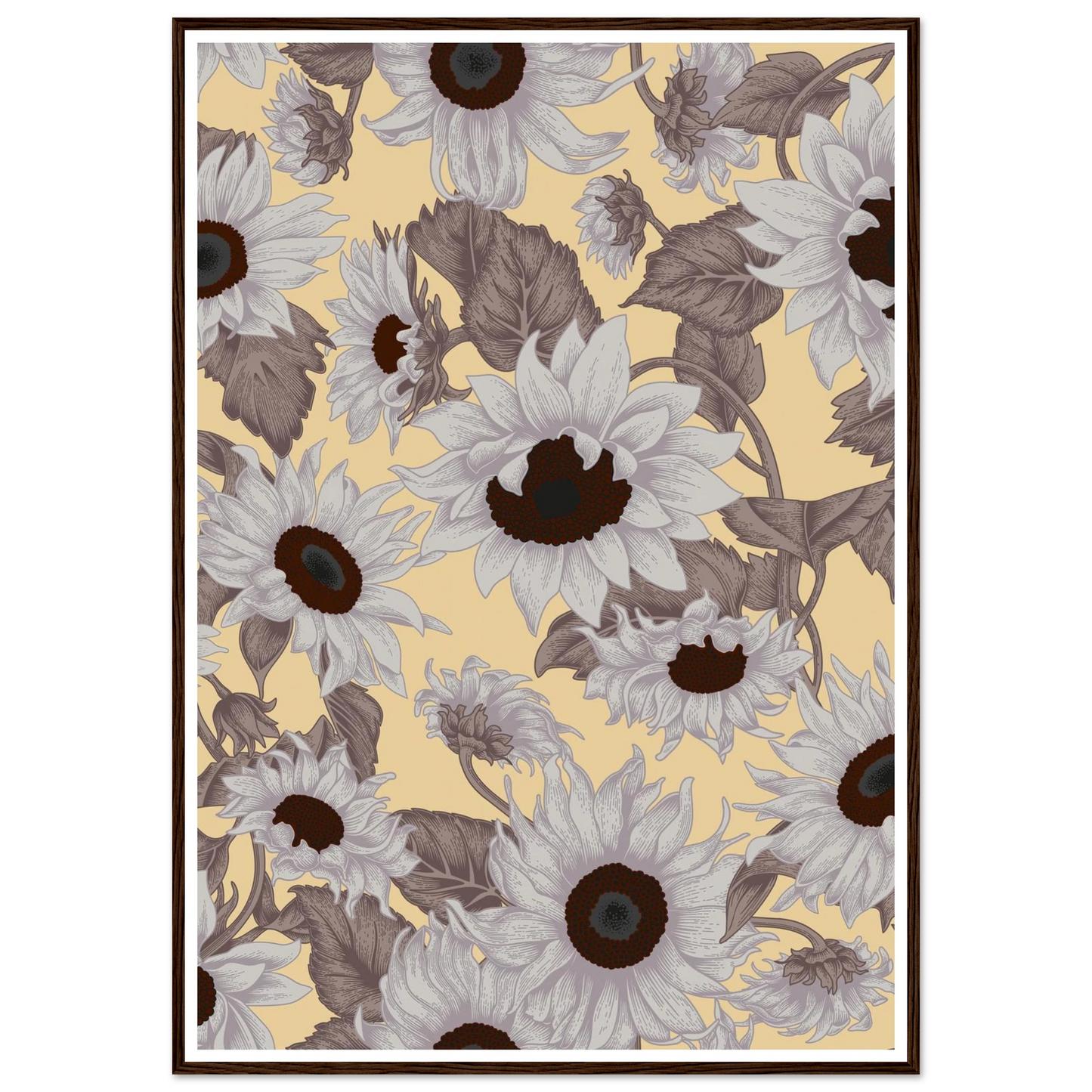 Sepia Sunflower Field Art Print | William Morris Inspired - Framed Poster - 30x30 cm / 12x12″ - Black frame