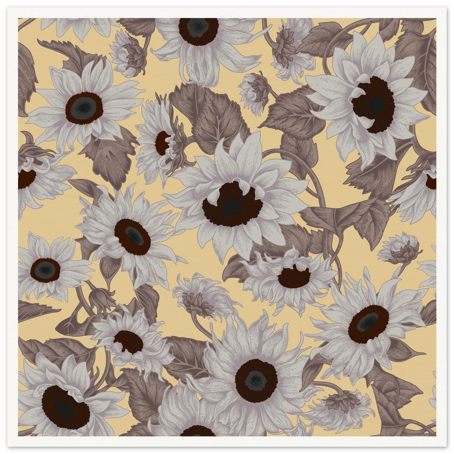 Sepia Sunflower Field Art Print | William Morris Inspired - Framed Poster - 30x30 cm / 12x12″ - Black frame