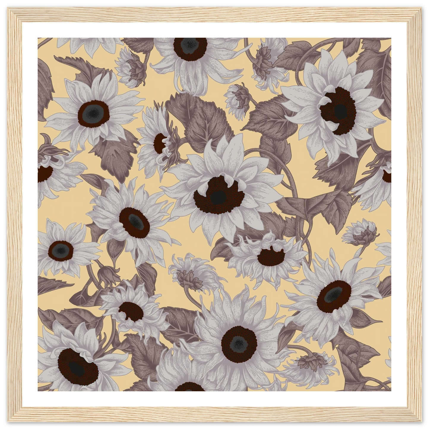 Sepia Sunflower Field Art Print | William Morris Inspired - Framed Poster - 30x30 cm / 12x12″ - Black frame
