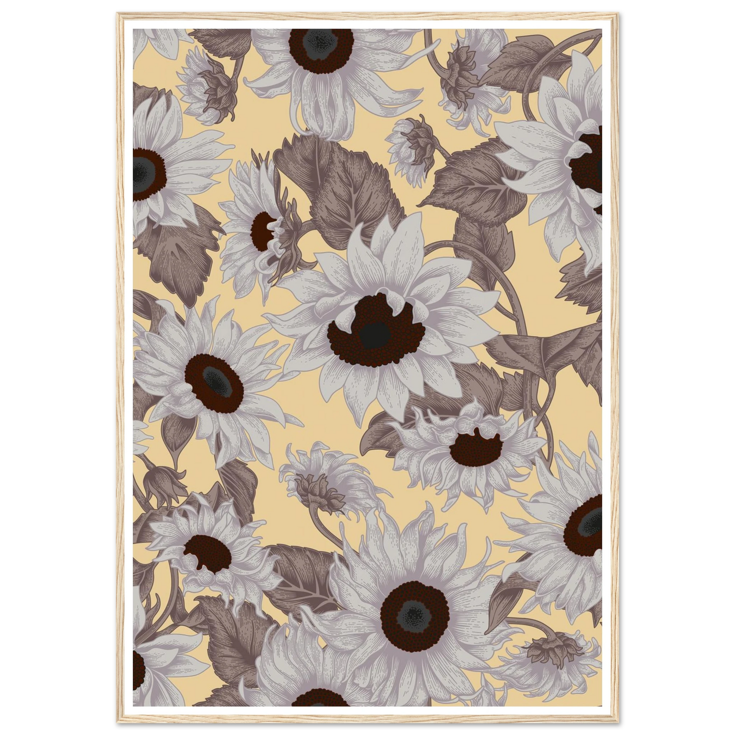 Sepia Sunflower Field Art Print | William Morris Inspired - Framed Poster - 30x30 cm / 12x12″ - Black frame