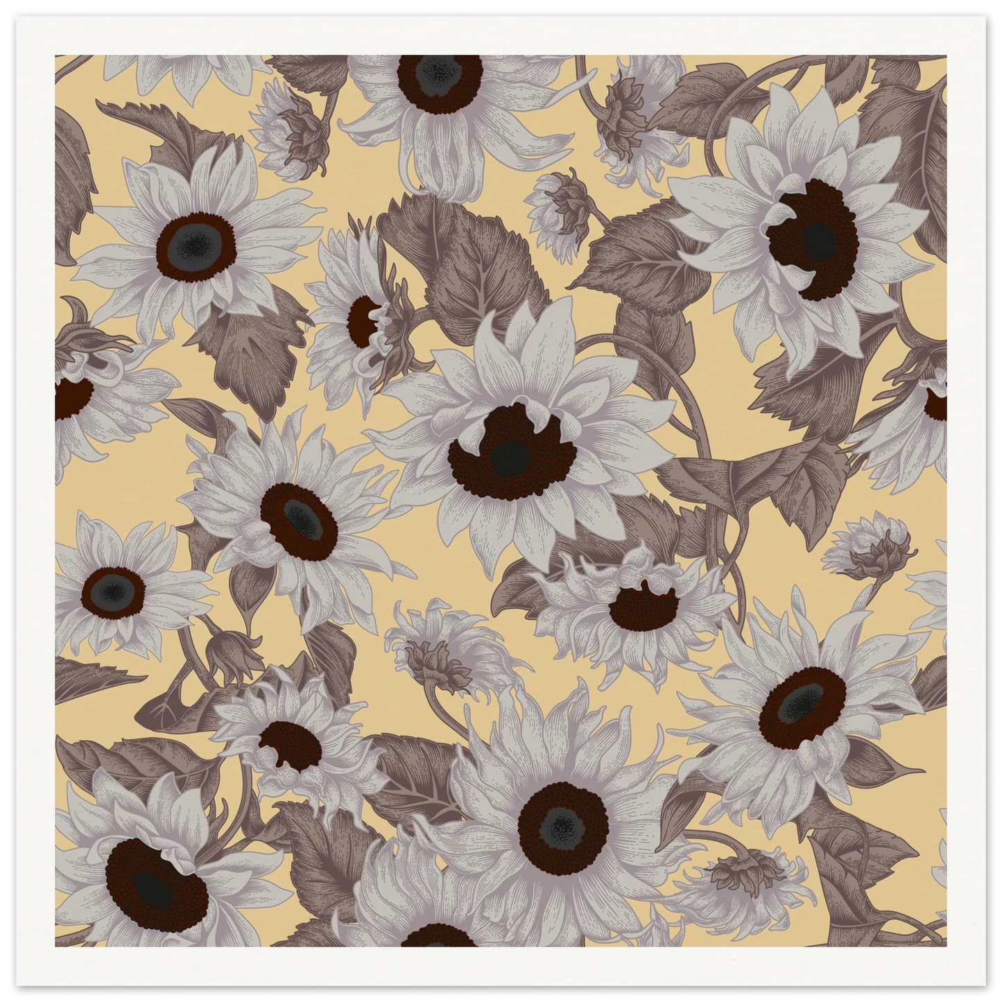 Sepia Sunflower Field Art Print | William Morris Inspired - Framed Poster - 30x30 cm / 12x12″ - Black frame