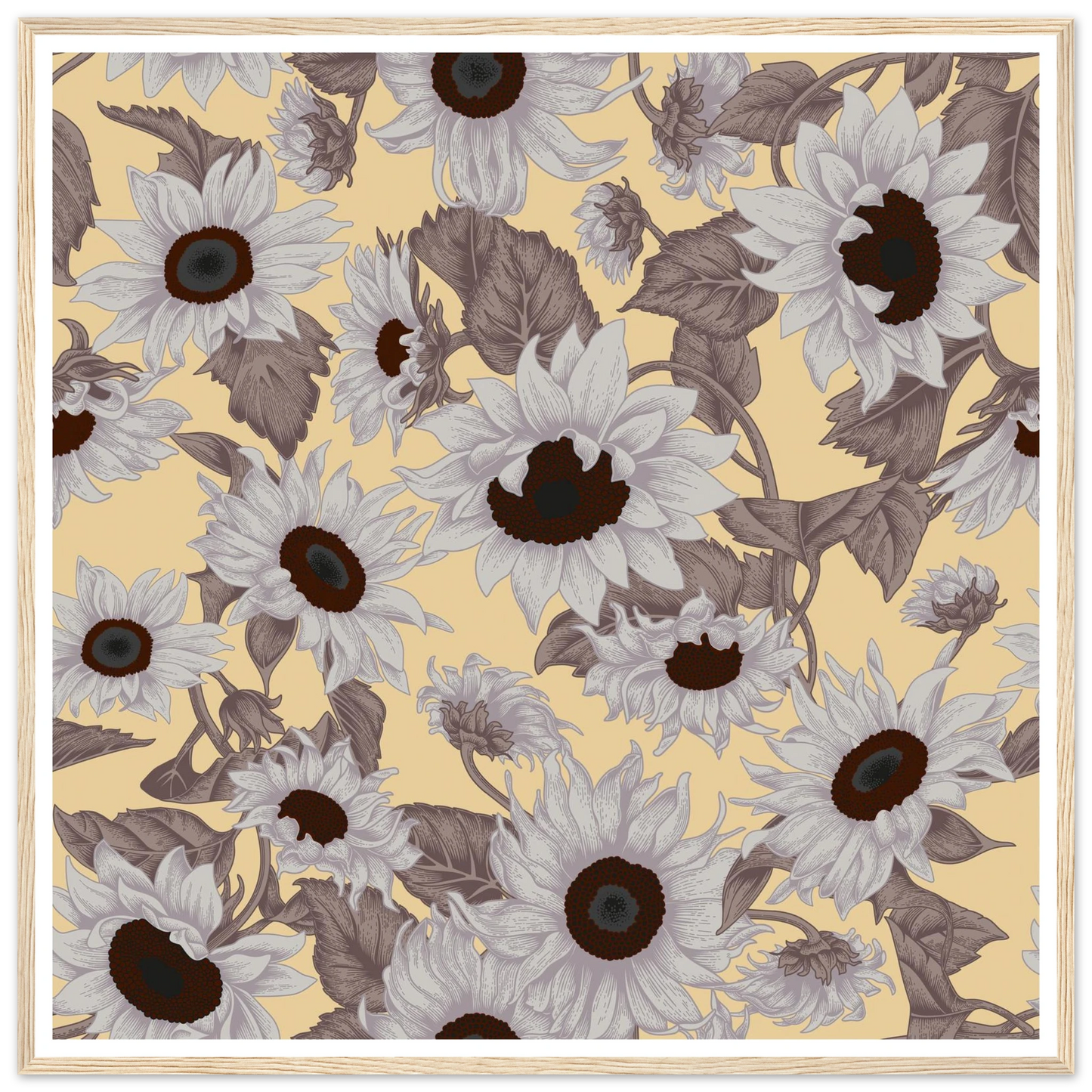 Sepia Sunflower Field Art Print | William Morris Inspired - Framed Poster - 30x30 cm / 12x12″ - Black frame