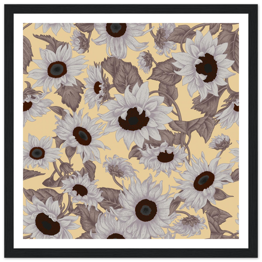 Sepia Sunflower Field Art Print | William Morris Inspired - Framed Poster - 30x30 cm / 12x12″ - Black frame