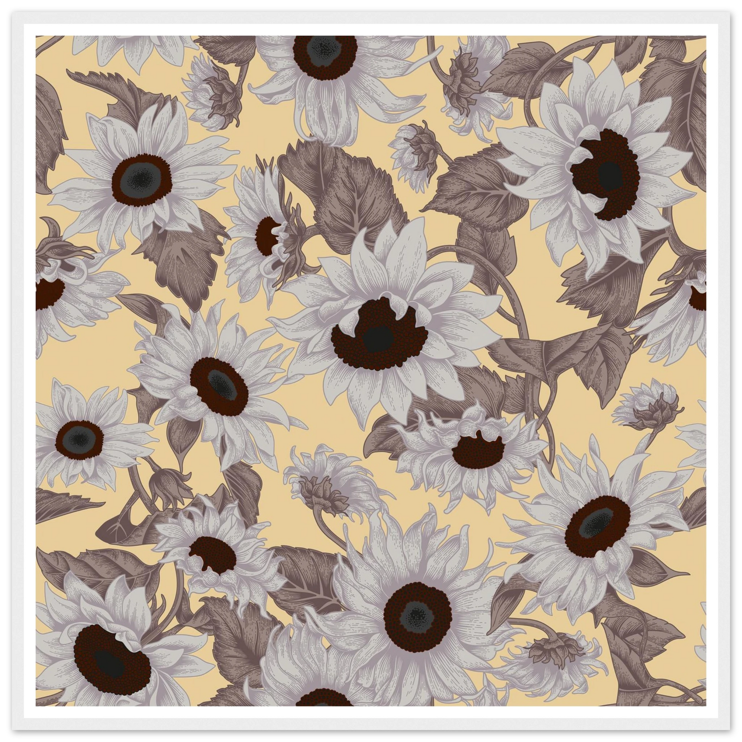 Sepia Sunflower Field Art Print | William Morris Inspired - Framed Poster - 30x30 cm / 12x12″ - Black frame