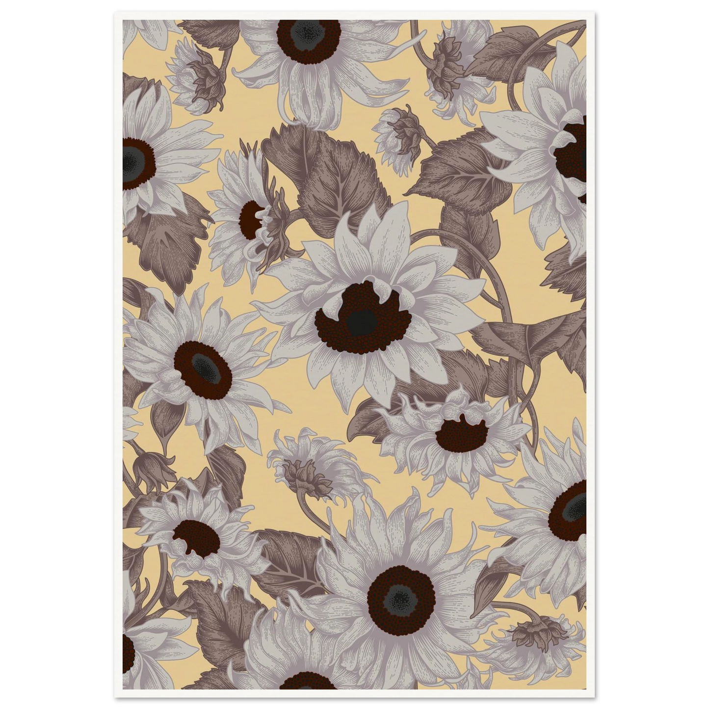 Sepia Sunflower Field Art Print | William Morris Inspired - Framed Poster - 30x30 cm / 12x12″ - Black frame