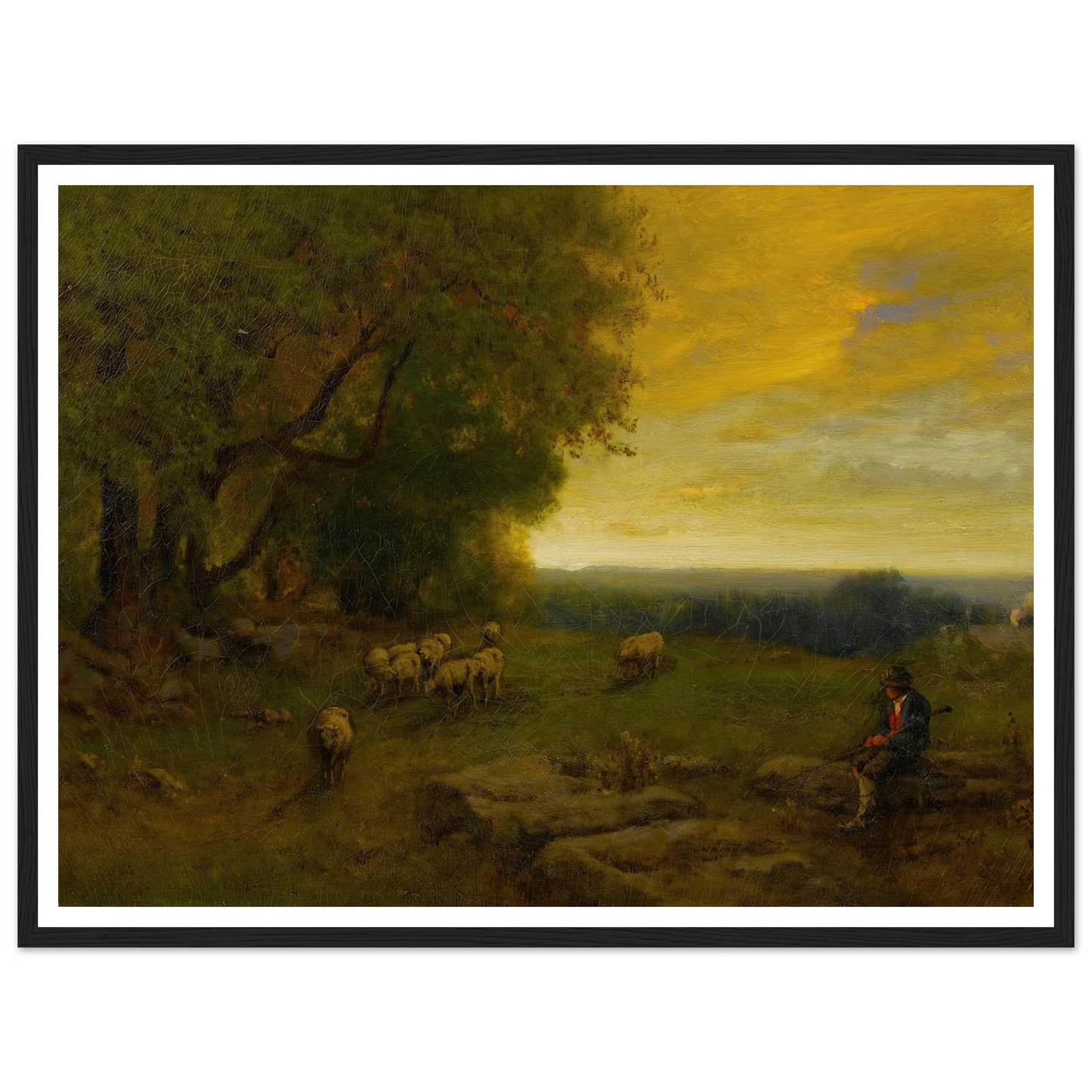 Shepherd And Flock At Sunset (1872) Art Print | George Inness - Framed Poster - 30x40 cm / 12x16″ - Black frame