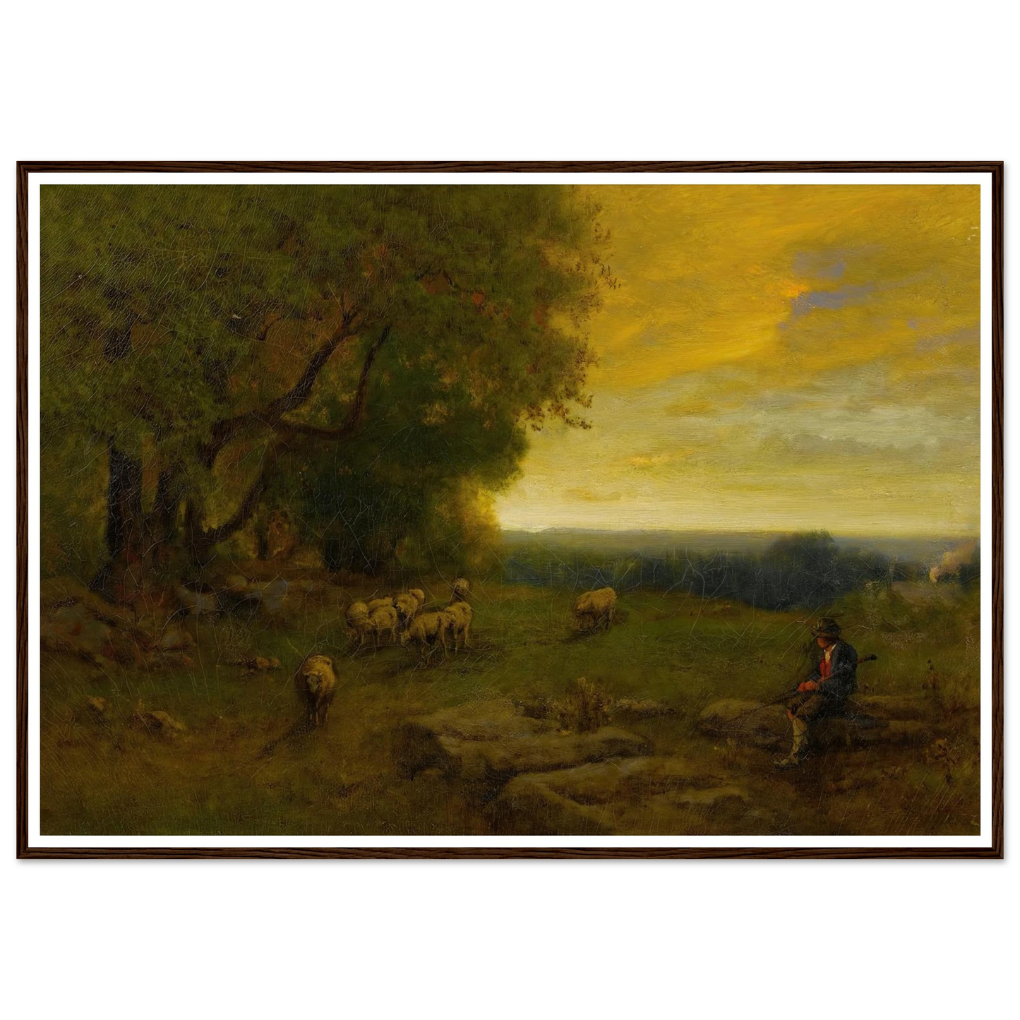 Shepherd And Flock At Sunset (1872) Art Print | George Inness - Framed Poster - 30x40 cm / 12x16″ - Black frame