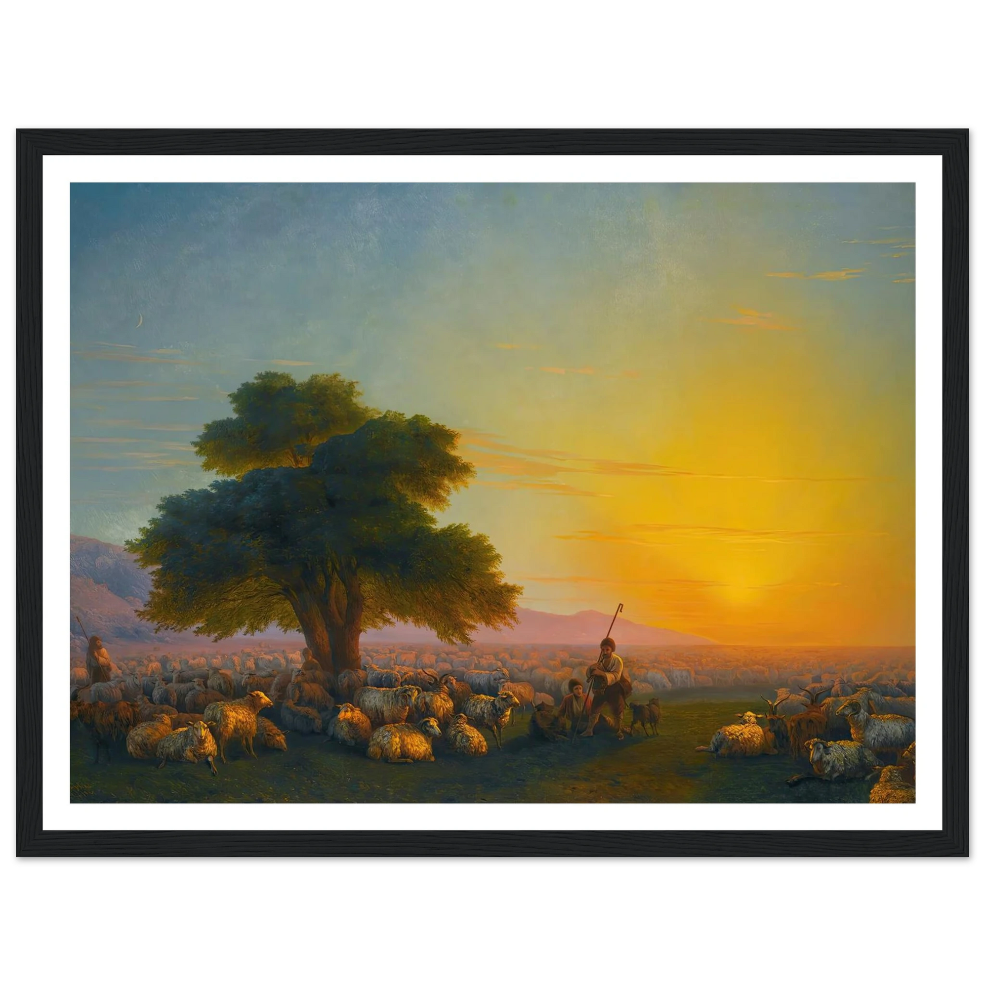 Shepherds With Their Flock At Sunset (1859) Art Print | Ivan Konstantinovich Aivazovsky - Framed Poster - 30x40 cm / 12x16″ - Black frame