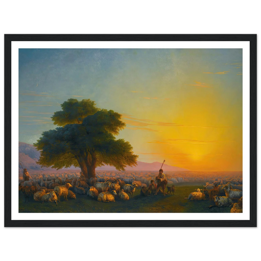 Shepherds With Their Flock At Sunset (1859) Art Print | Ivan Konstantinovich Aivazovsky - Framed Poster - 30x40 cm / 12x16″ - Black frame
