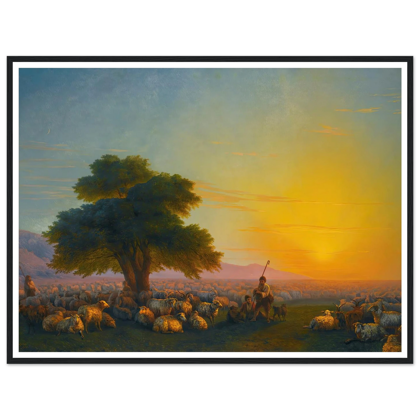 Shepherds With Their Flock At Sunset (1859) Art Print | Ivan Konstantinovich Aivazovsky - Framed Poster - 30x40 cm / 12x16″ - Black frame
