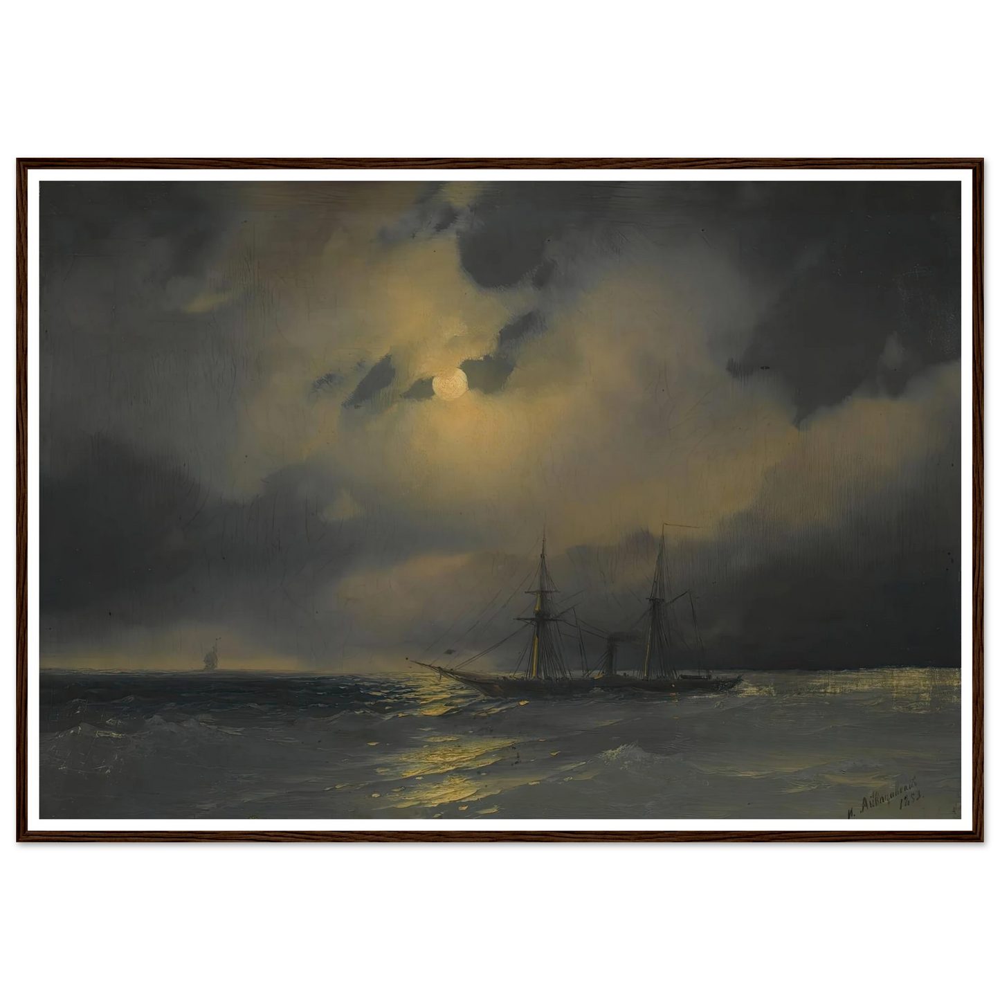 Shipping In Moonlight (1853) Art Print | Ivan Konstantinovich Aivazovsky - Framed Poster - 30x40 cm / 12x16″ - Black frame